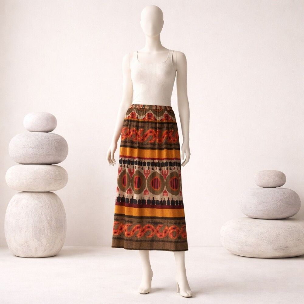 VTG 90s Liz Baker Womens M Maxi Skirt Orange-brownFloral Forest , Large